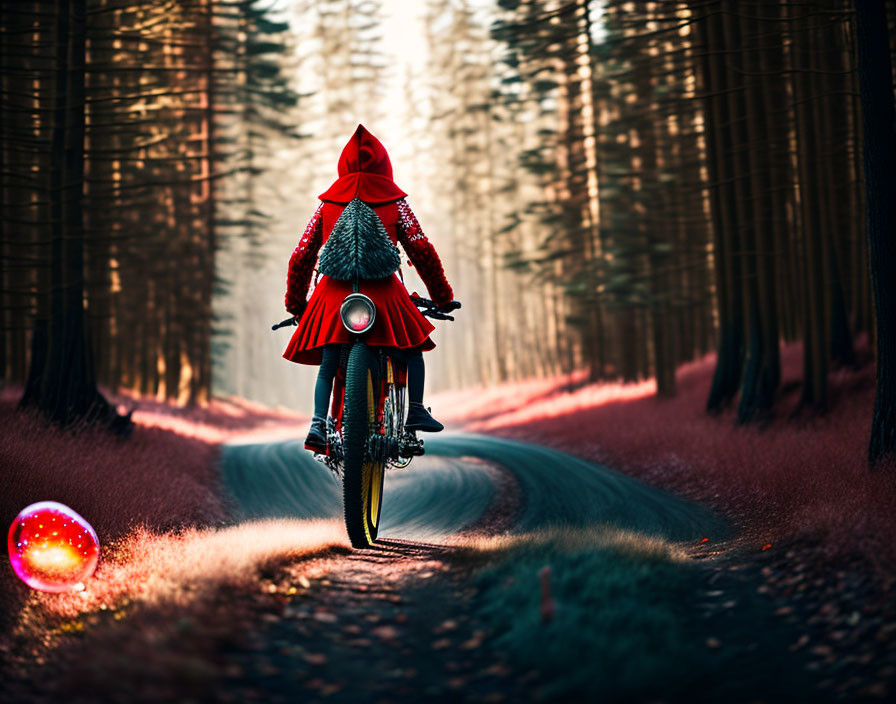 Person in Red Hooded Cloak Riding Motorcycle with Christmas Tree in Mystical Forest