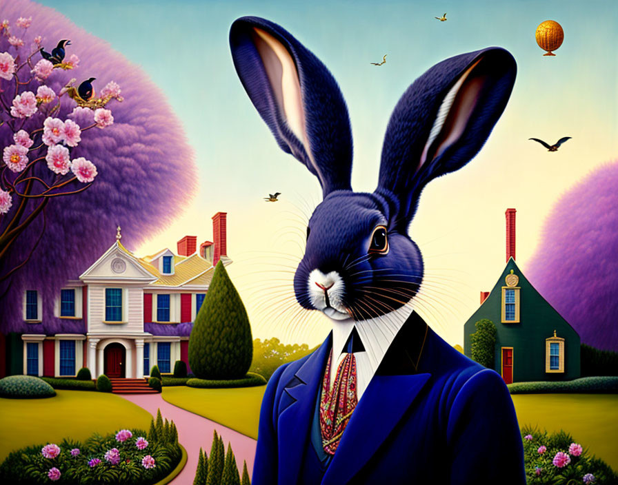 Surreal illustration: giant rabbit in suit, manicured garden, classical house, vibrant sky