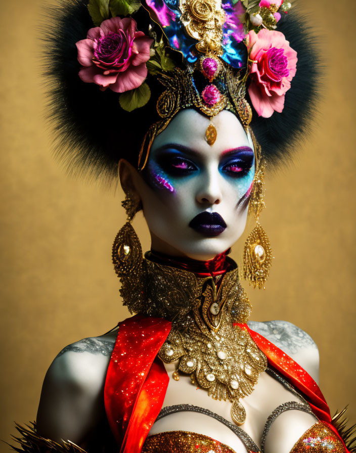 Model showcasing dramatic makeup and elaborate headdress with flowers, jewels, and feathers on gold backdrop