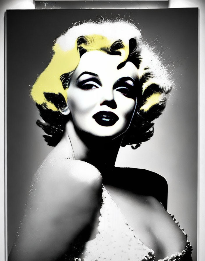 Monochrome pop art portrait of glamorous woman with curly hair and dramatic makeup