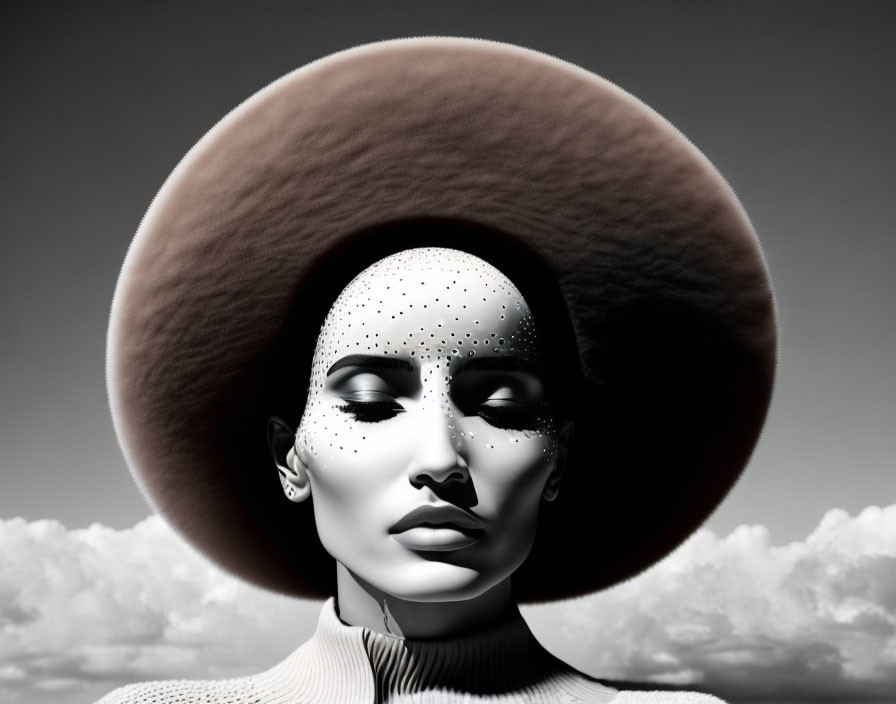 Surreal monochromatic portrait with large halo headpiece and textured face against cloudy sky.