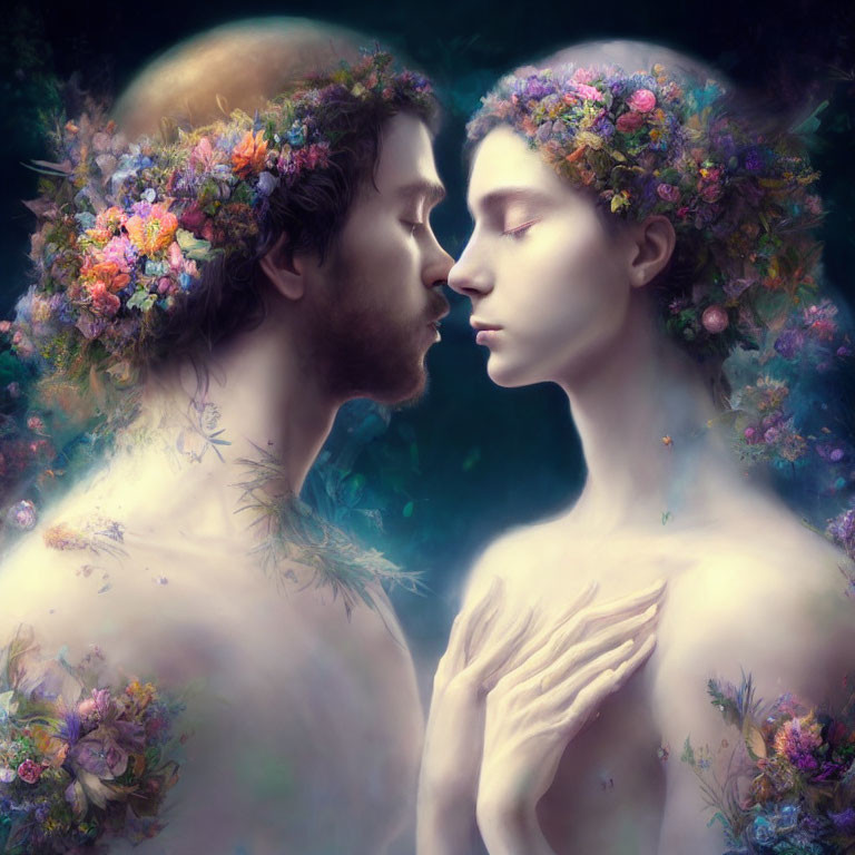 Ethereal figures with floral crowns in mystical blue setting