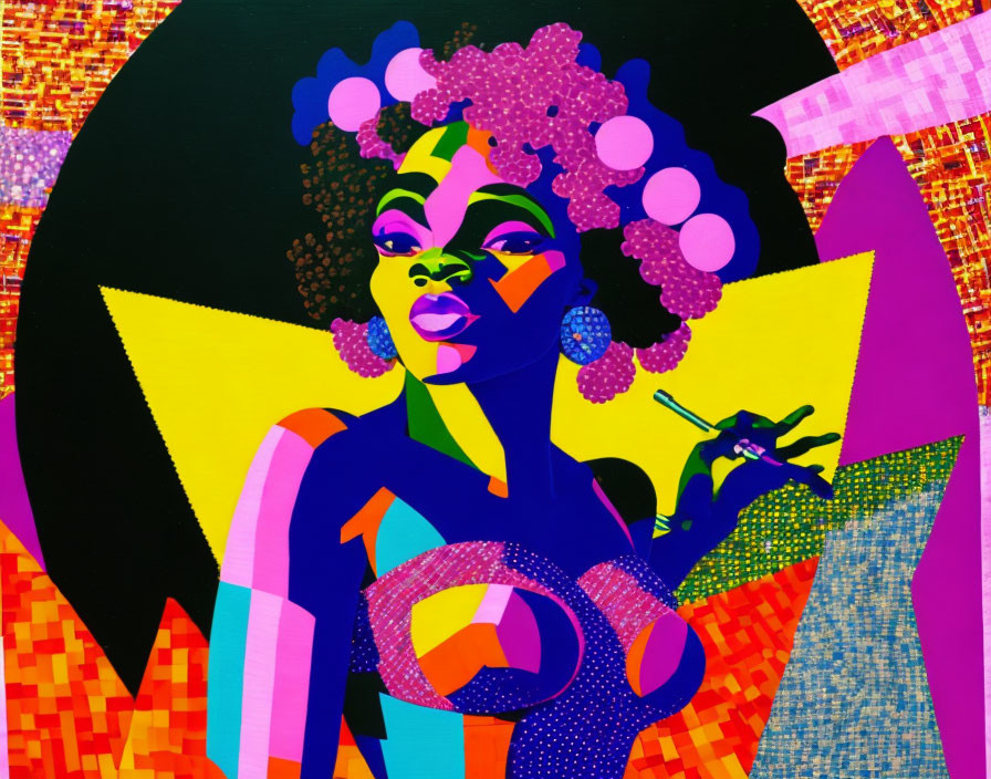 Colorful Pop Art Portrait of Woman with Afro Hair & Paintbrush