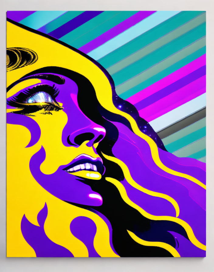 Vibrant Pop Art Portrait of Woman with Purple Hair