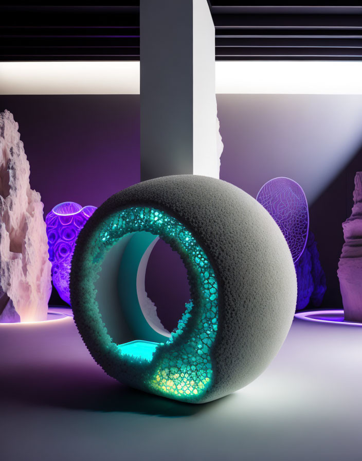 Futuristic spherical sculpture with intricate patterns in neon-lit exhibition space