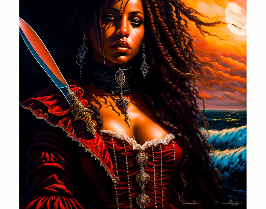 Fierce woman in red corset wields sword against ocean sunset