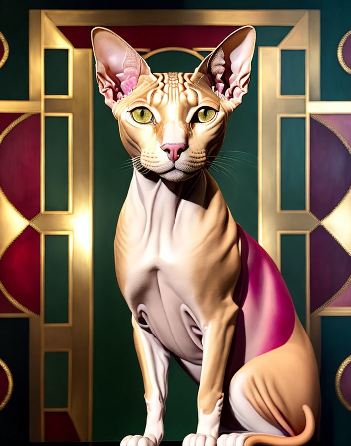 Hairless Sphynx Cat with Large Ears and Piercing Eyes Against Red and Gold Back