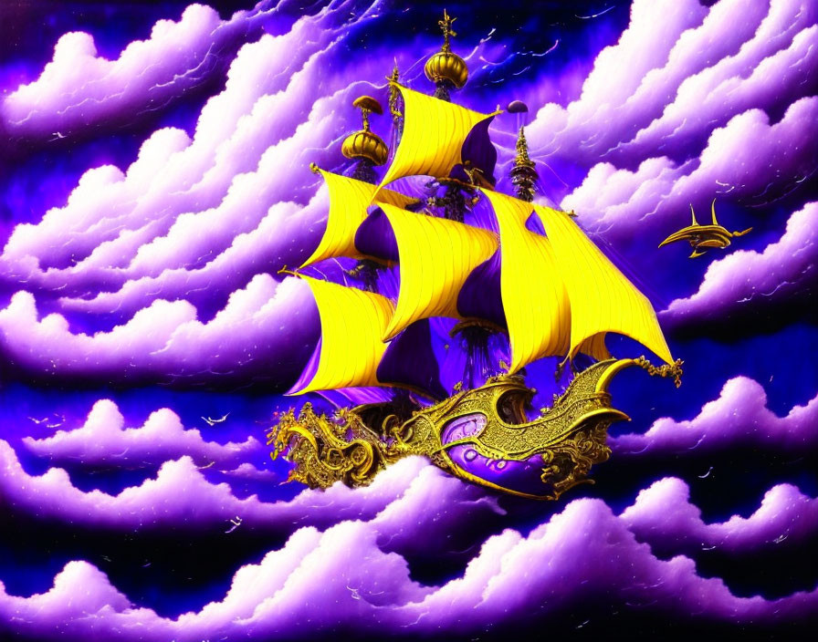 Golden ship with yellow sails in surreal purple sky