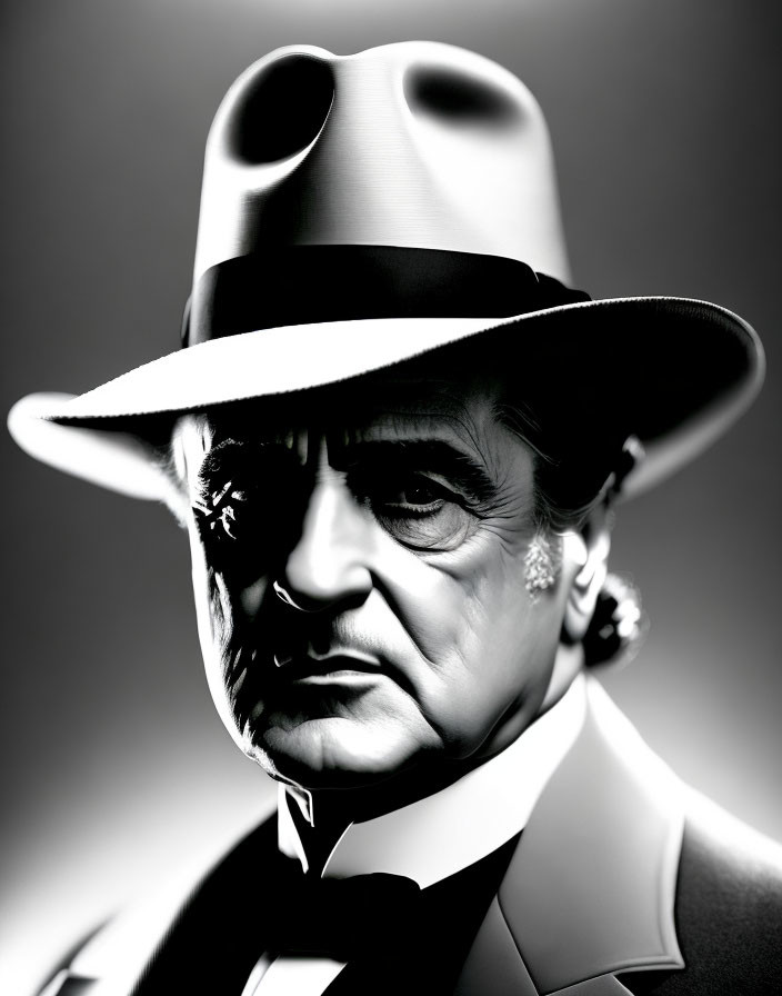 Monochrome image of person in fedora and suit with intense gaze