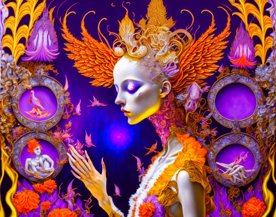 Fantasy-themed portrait with orange and gold headpiece and fiery motifs