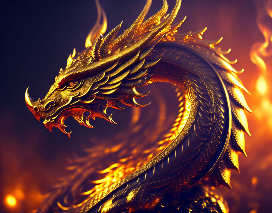 Golden dragon with intricate scales and glowing eyes surrounded by flames