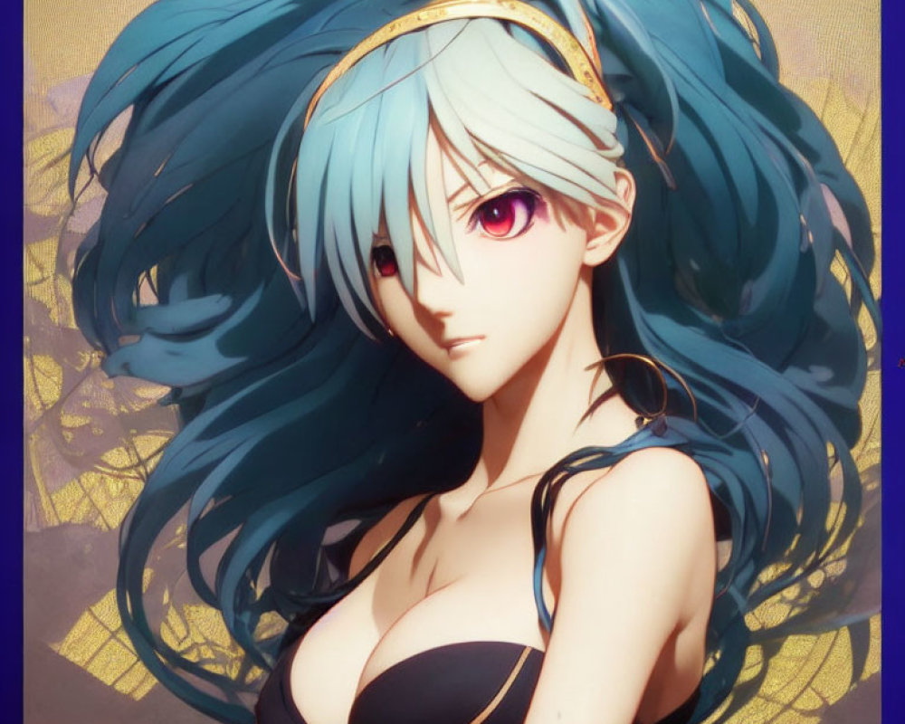 Character illustration: vibrant blue hair, golden headband, purple eyes, black top with gold details