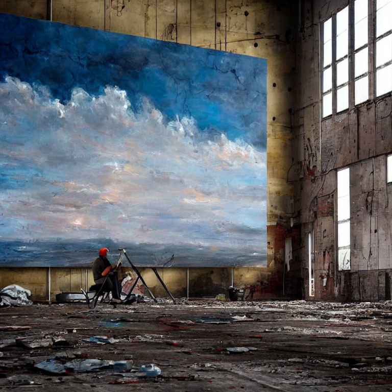 Artist painting vibrant sky in dilapidated industrial interior