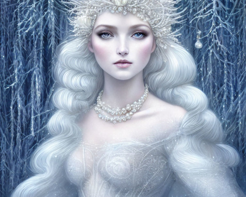 Ethereal woman with white hair in regal attire against icy blue backdrop