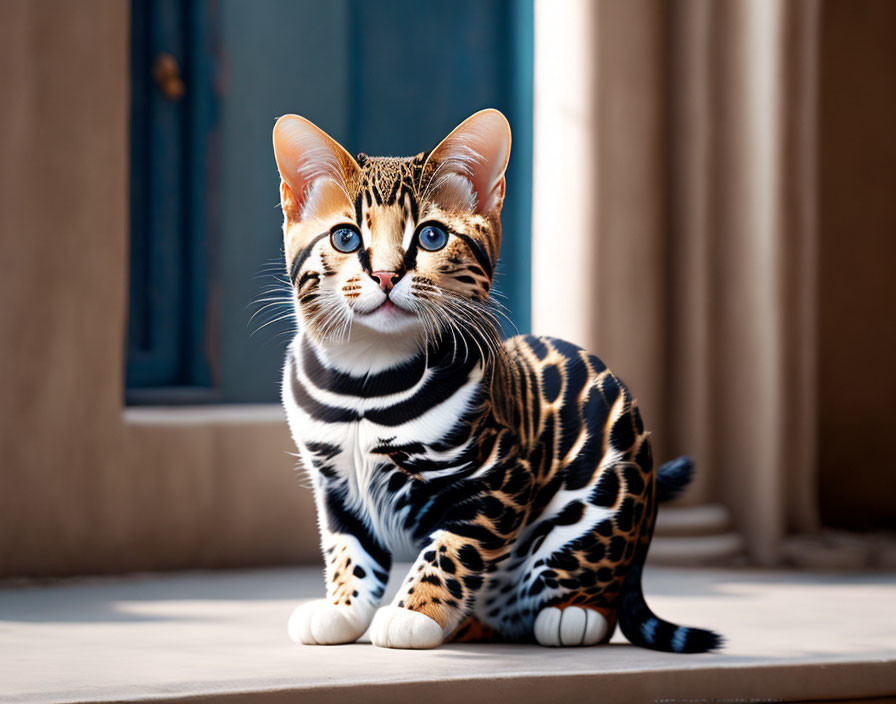 Striped and Spotted Cat with Blue Eyes indoors