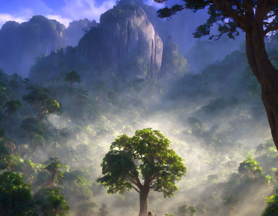 Lush Jungle Scene with Sunlight, Tree, and Cliffs