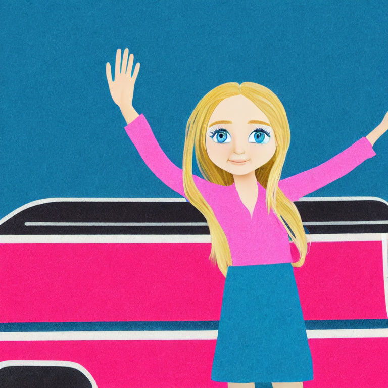 Blonde girl cartoon character in pink and blue outfit on striped background