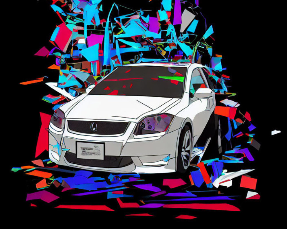 Stylized white car with shattered colorful geometric background