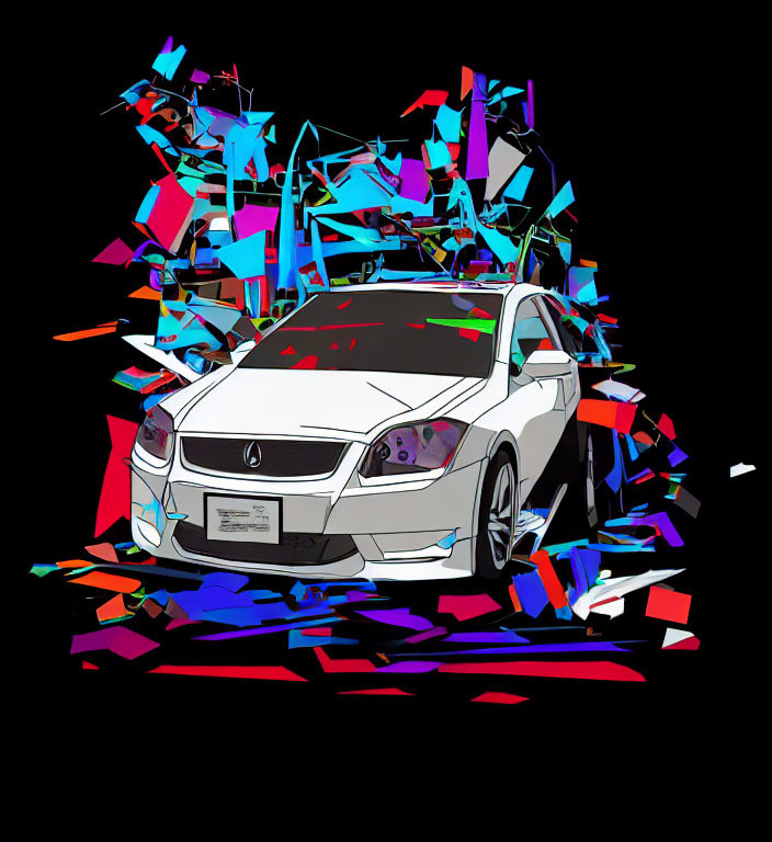 Stylized white car with shattered colorful geometric background