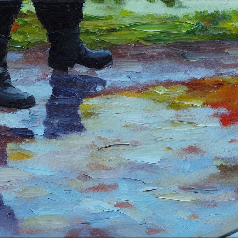 Impressionistic painting: Legs in black boots on colorful ground