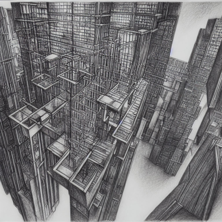 Detailed Pencil Sketch of Complex Cityscape