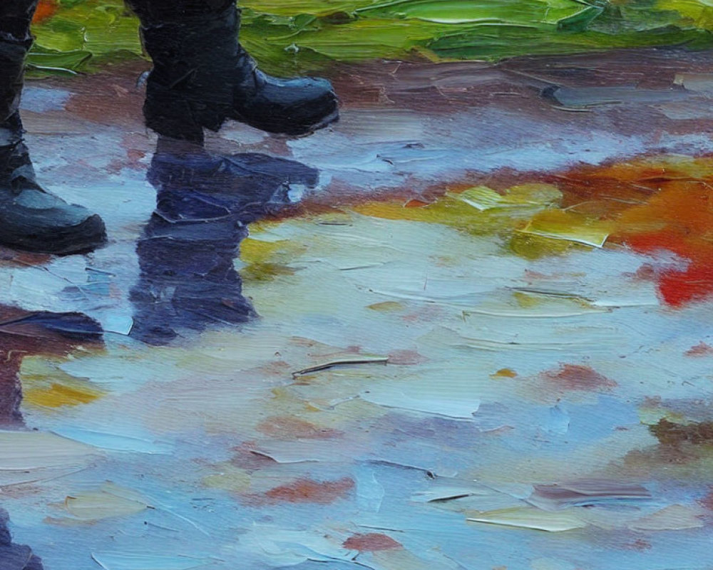 Impressionistic painting: Legs in black boots on colorful ground