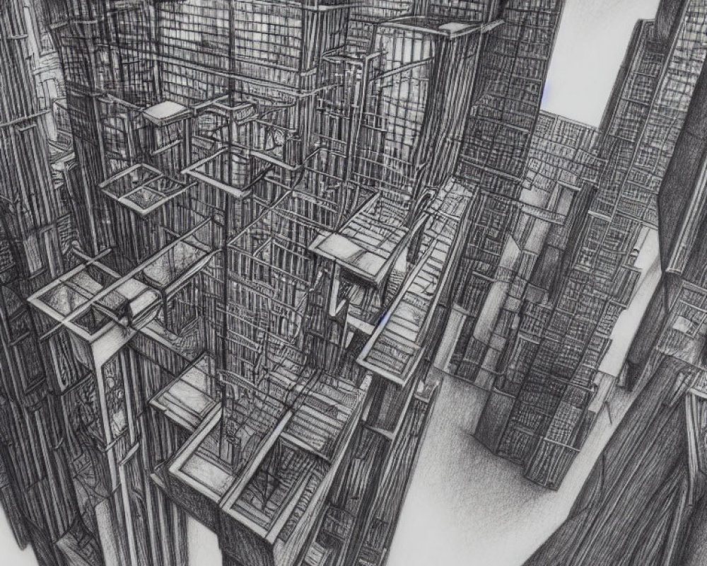 Detailed Pencil Sketch of Complex Cityscape