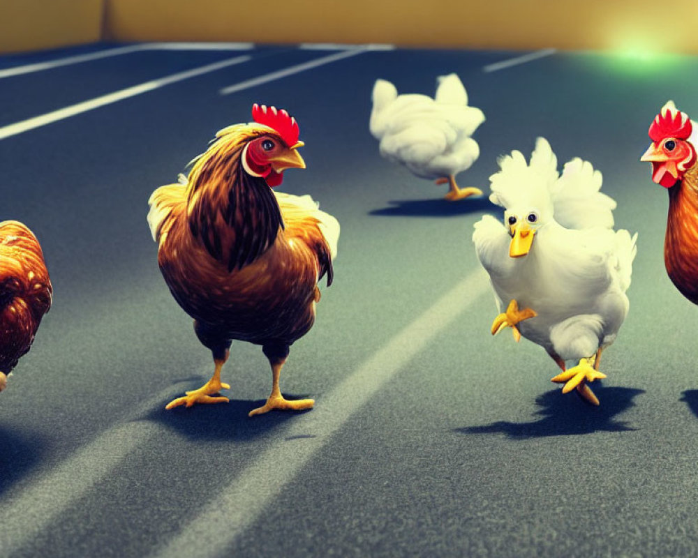 Group of animated chickens crossing road in daylight