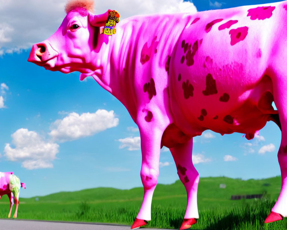 Digitally altered image of pink cow with price tag on ear