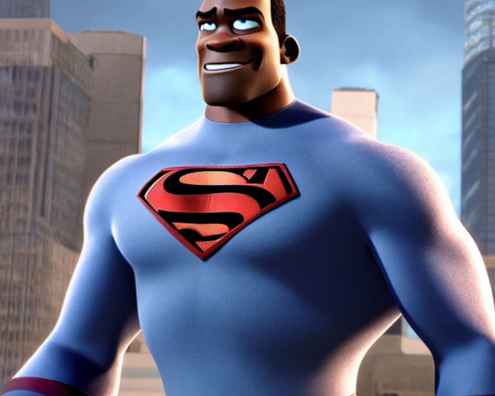 Confident superhero character in blue suit with red 'S' emblem against cityscape