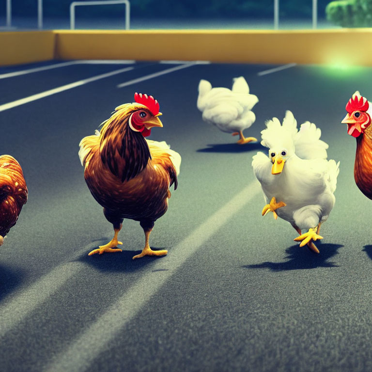 Group of animated chickens crossing road in daylight