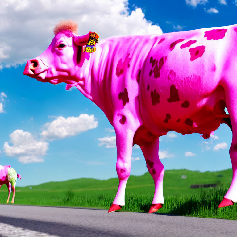 Digitally altered image of pink cow with price tag on ear