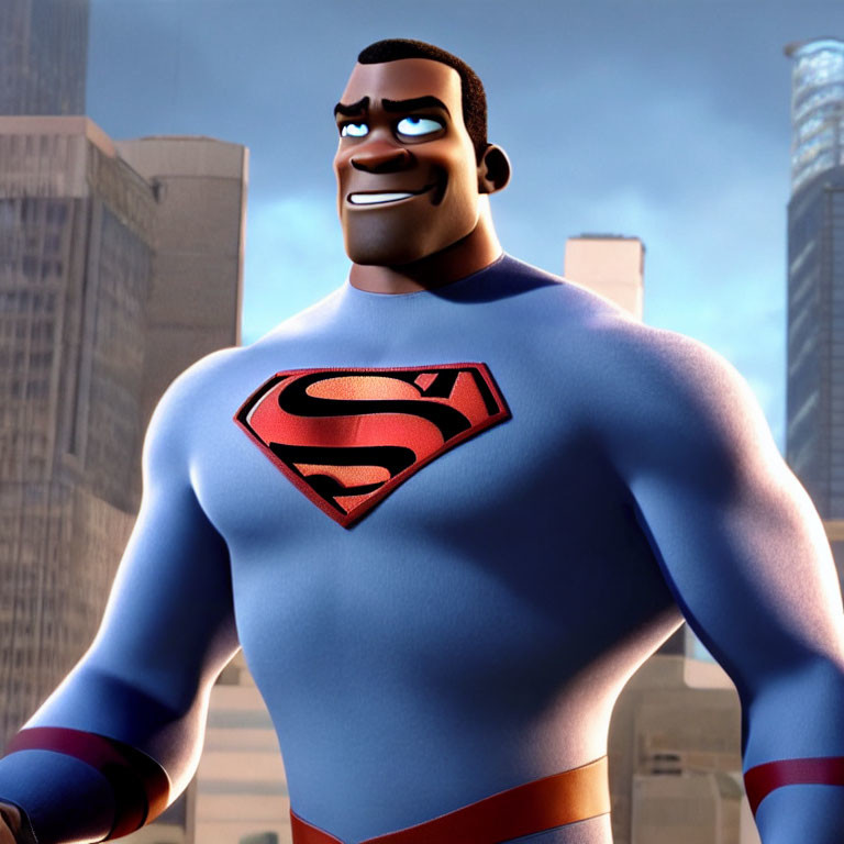 Confident superhero character in blue suit with red 'S' emblem against cityscape