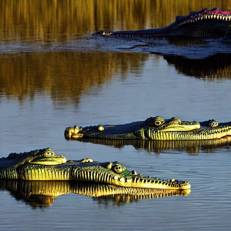 Three Crocodiles Floating on Water Under Golden Sunlight