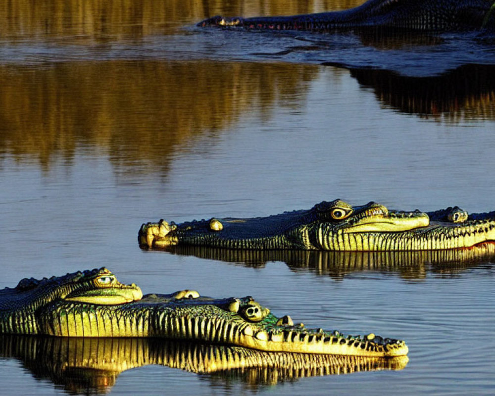 Three Crocodiles Floating on Water Under Golden Sunlight