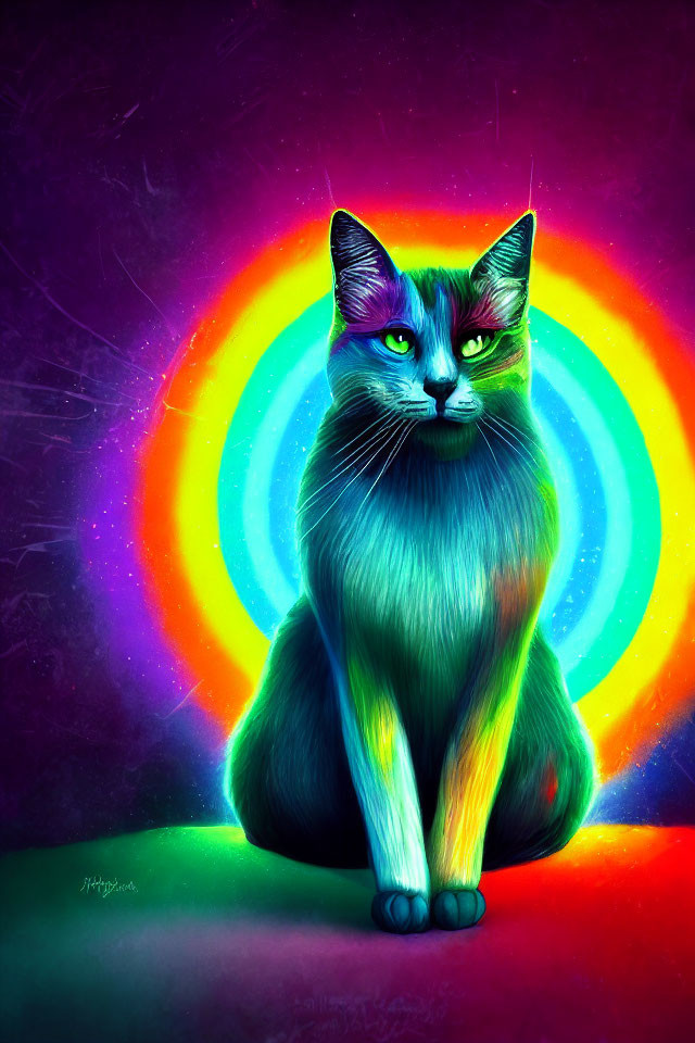 Colorful Cat Artwork Featuring Rainbow Aura and Cosmic Background