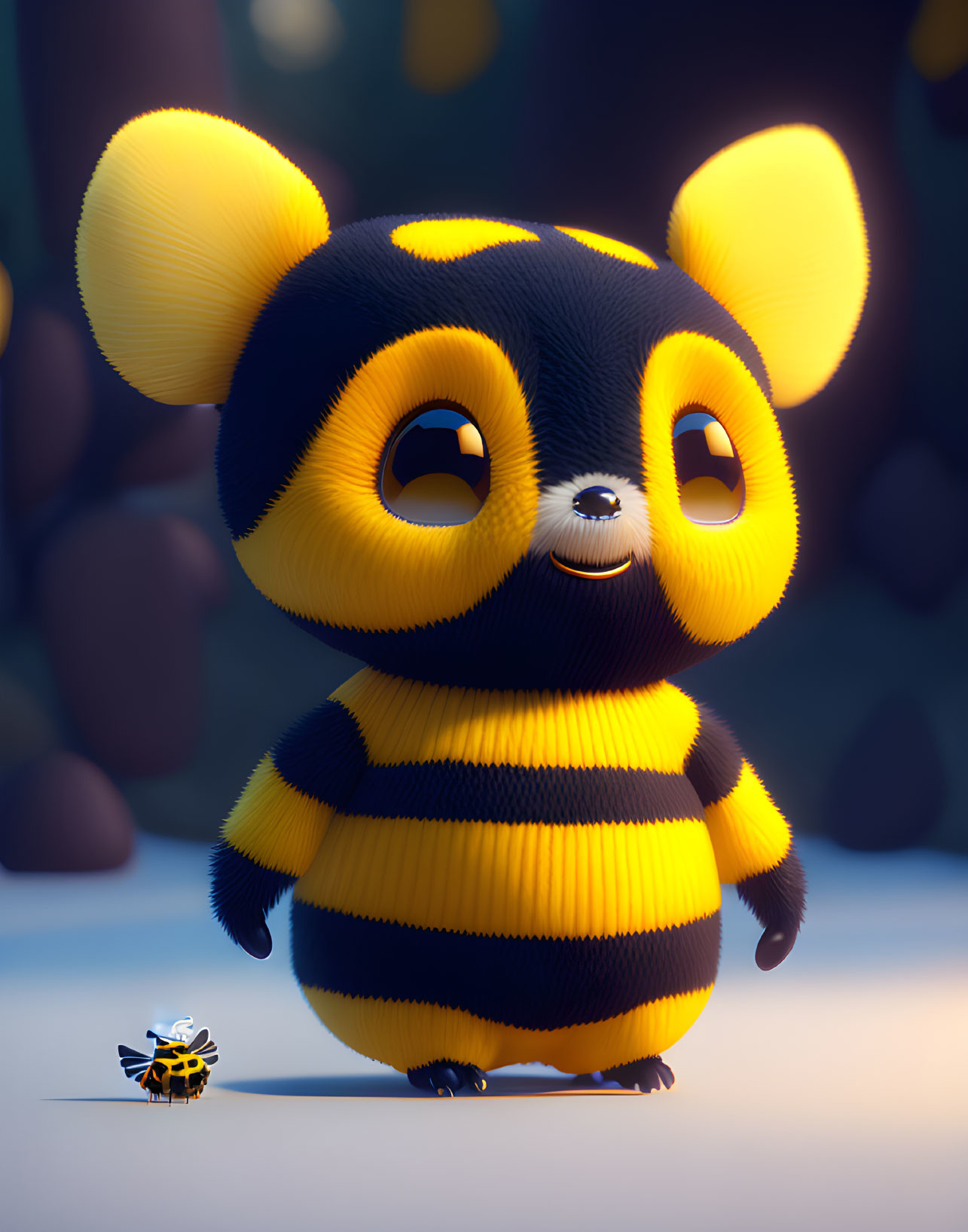 Chubby bee-themed creature with big eyes and small bee companion in 3D animation