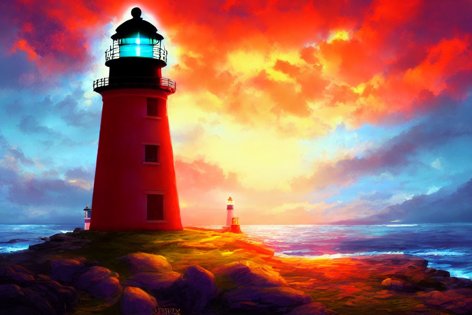 Digital Artwork: Red Lighthouse on Rocky Shore at Sunset