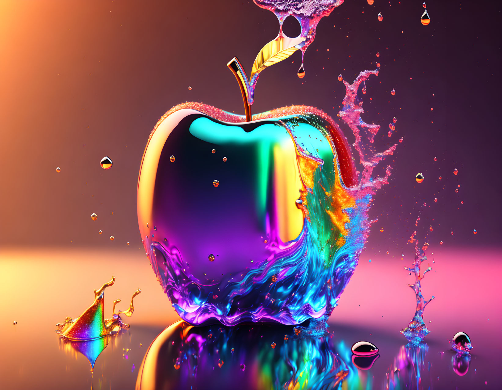 Colorful digital artwork: Apple with liquid splash on reflective surface