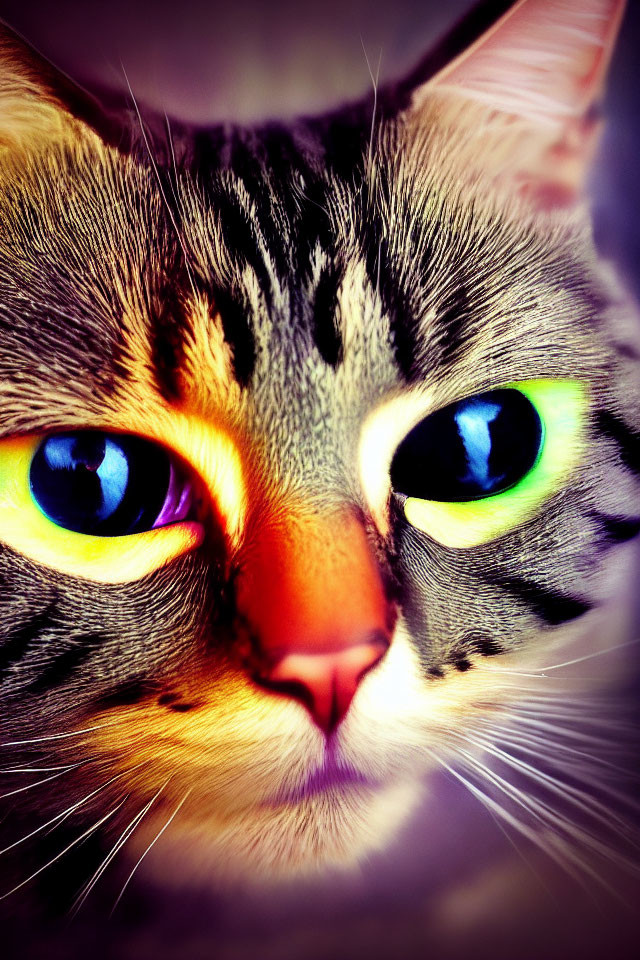 Tabby cat with blue and green eyes in soft light