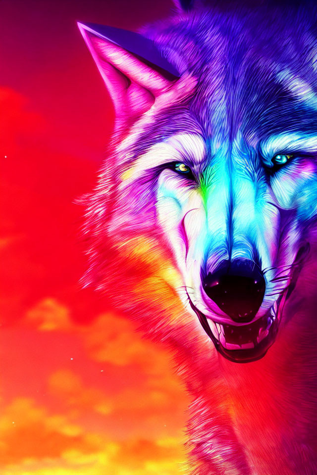 Colorful Digital Art: Wolf with Blue-Purple Fur on Red-Orange Sky