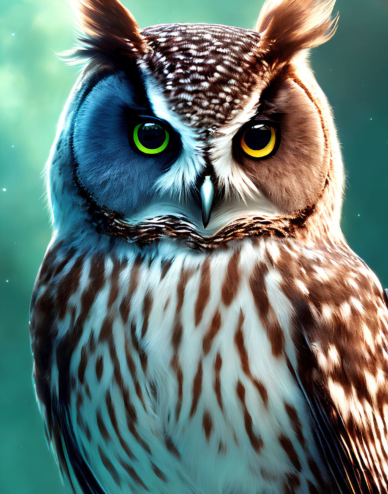 Detailed digital image of owl with green and yellow eyes, intricate feather patterns, in brown and white against