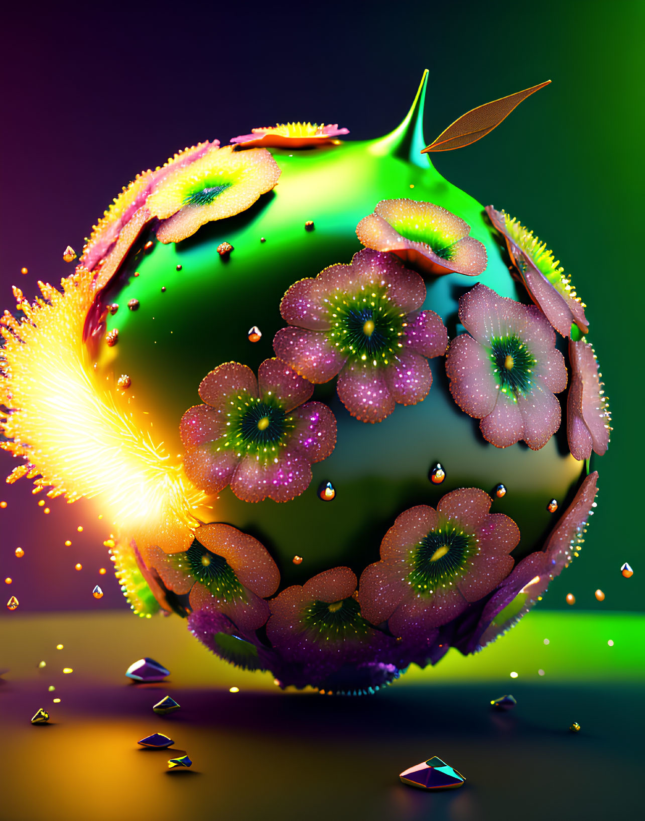 Colorful digital artwork: spherical object with purple flowers and golden particles