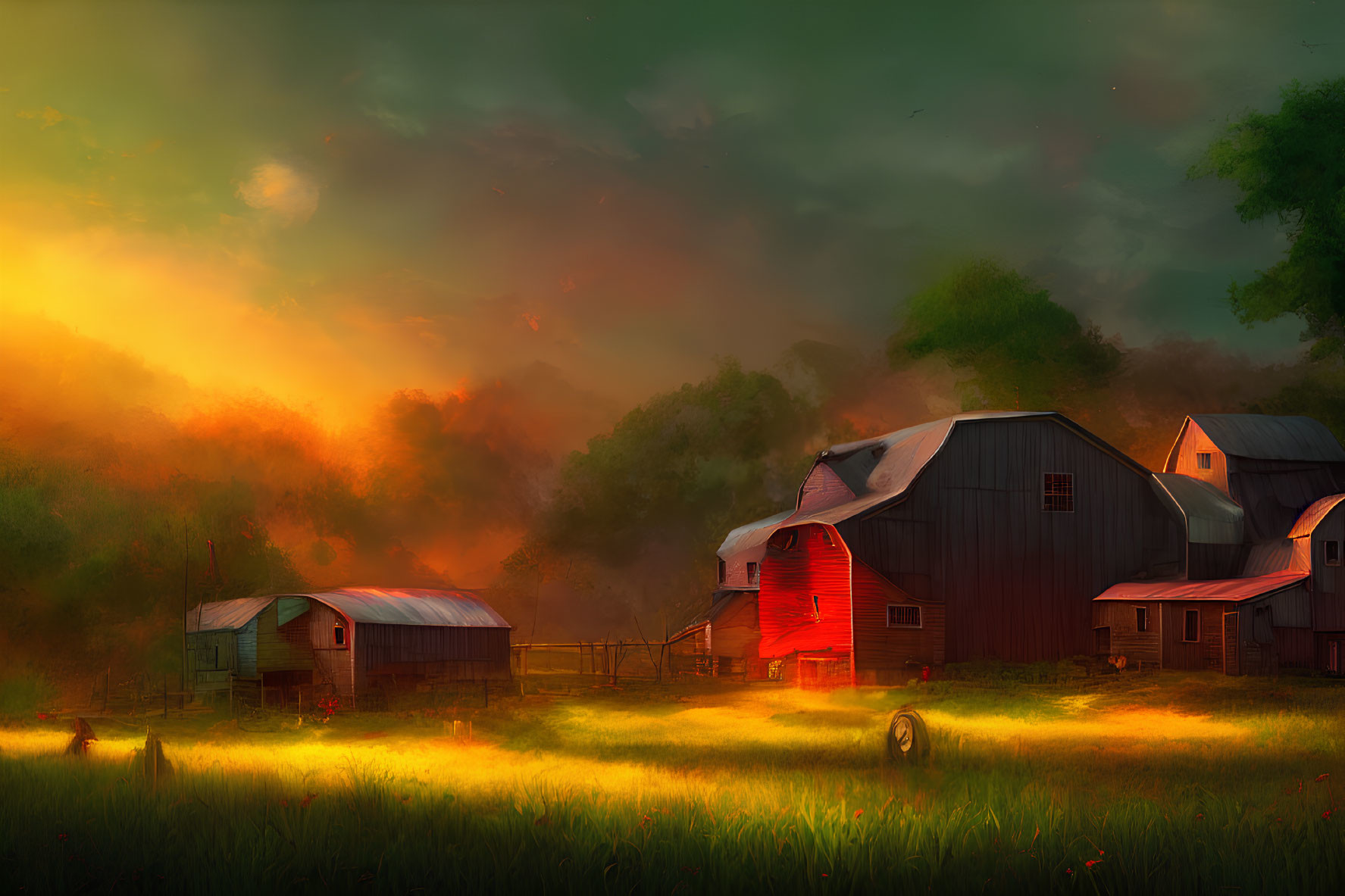 Rustic barns in serene rural sunset scene