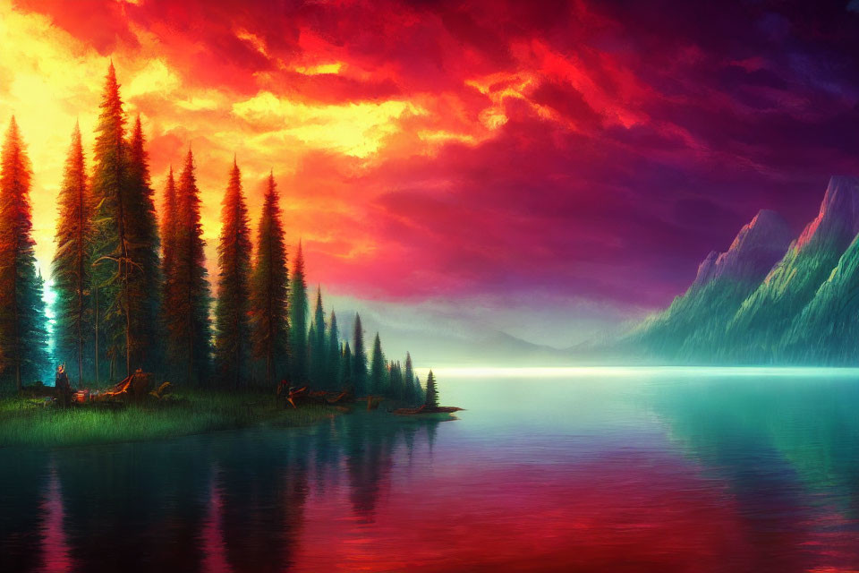 Scenic landscape: red and purple sunset over lake, pine trees, mountains