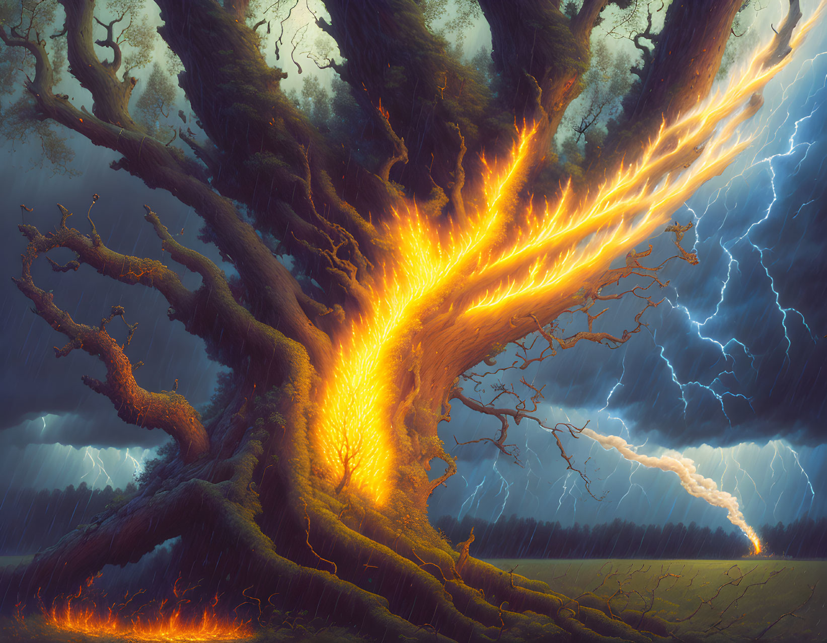 Gigantic tree hit by lightning in stormy sky, flames and lightning all around