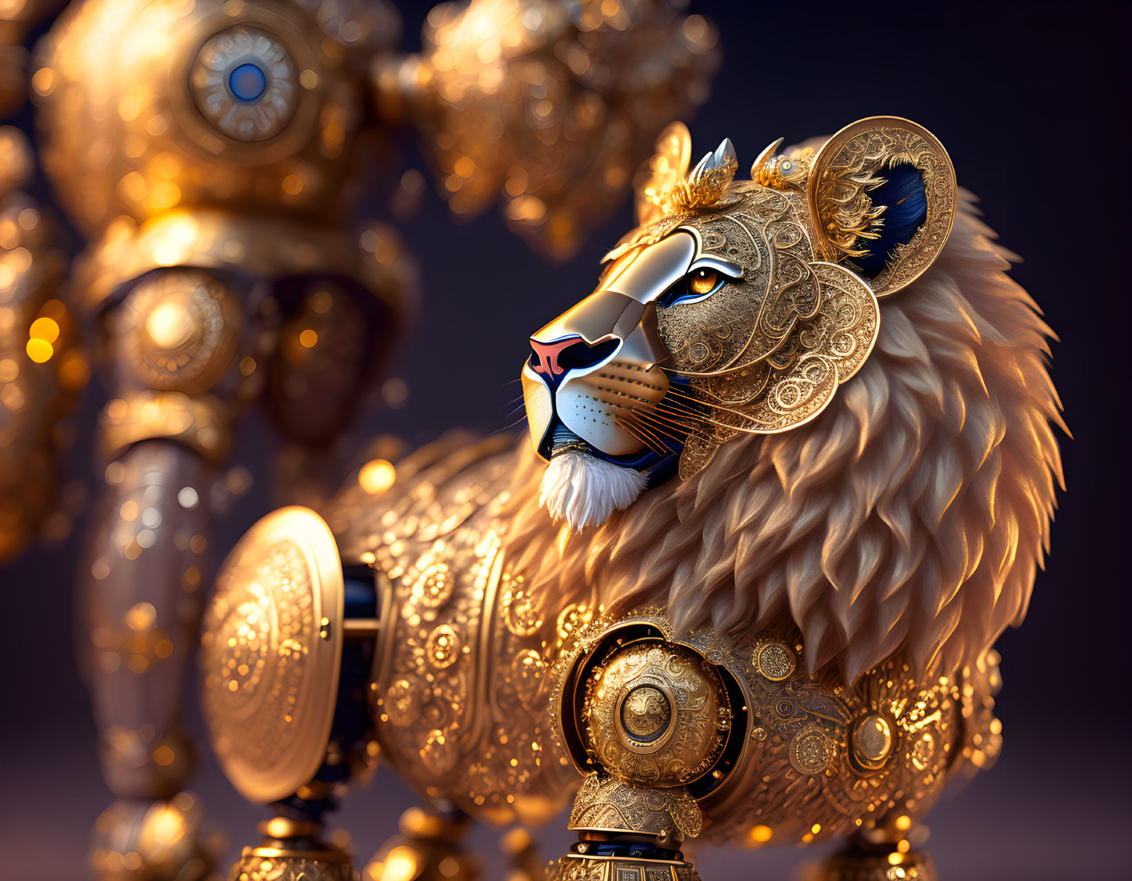 Intricate Golden Robotic Lion on Blurred Mechanical Background