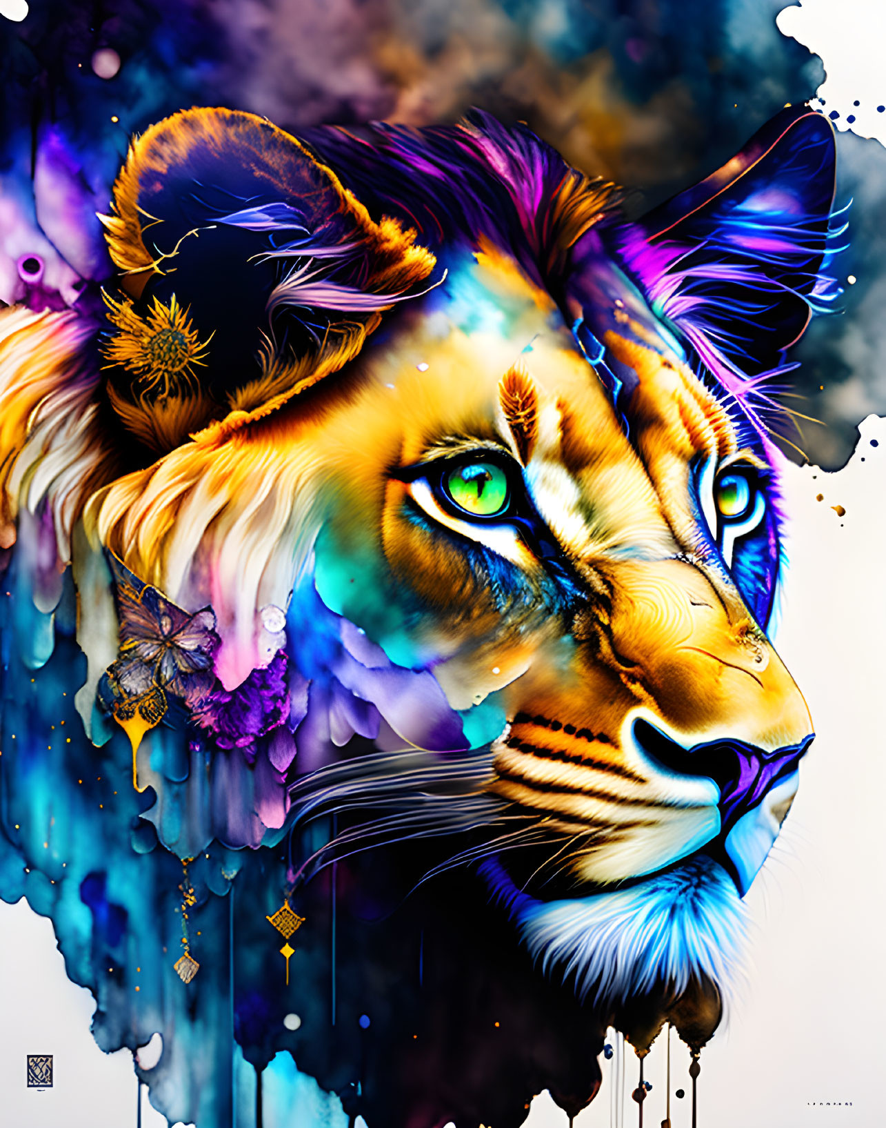 Vibrant digital art: Lion with green eyes, watercolor effects, jewelry, bee