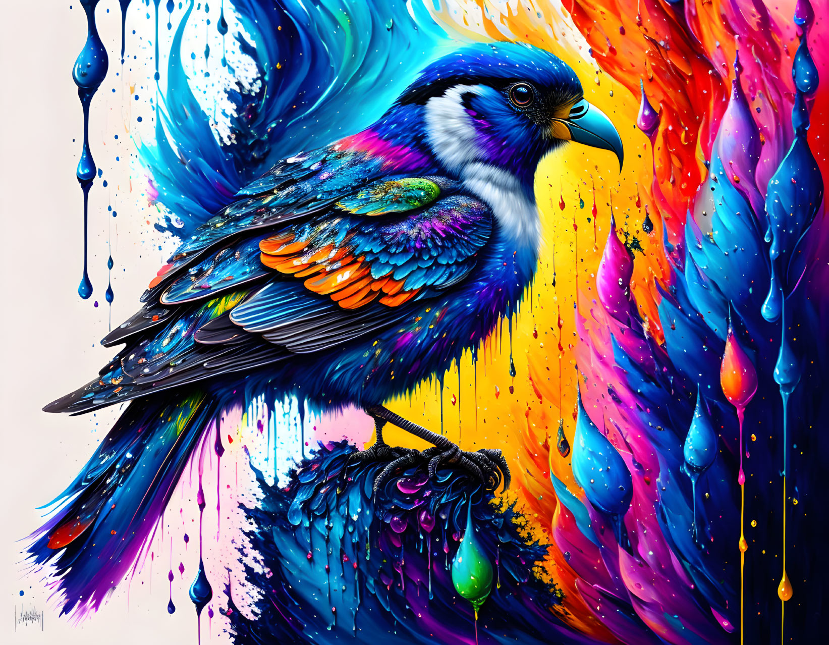 Colorful Stylized Bird Perched on Dynamic Paint Splashes