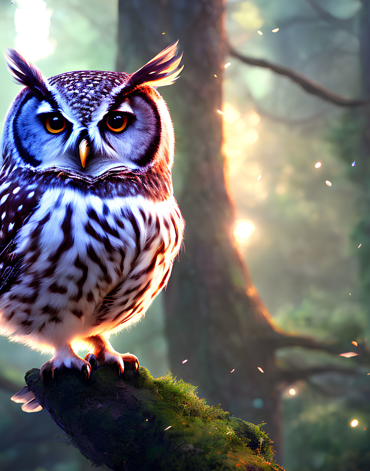 Detailed image: Owl perched on mossy branch at sunrise in dense forest